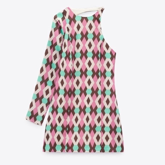 Zara Retro Asymmetrical Satin Effect Print Dress Geometric Pattern - Picture 6 of 10